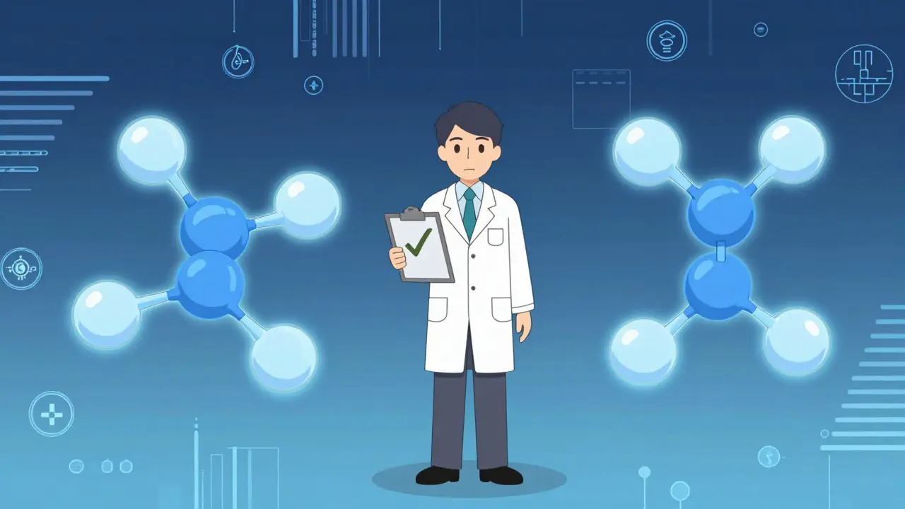 Stylized illustration of identical drug molecules and an FDA inspector ensuring safety