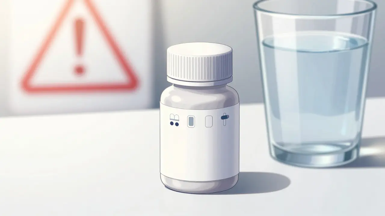 White antibiotic pill bottle and water glass symbolizing safe medication
