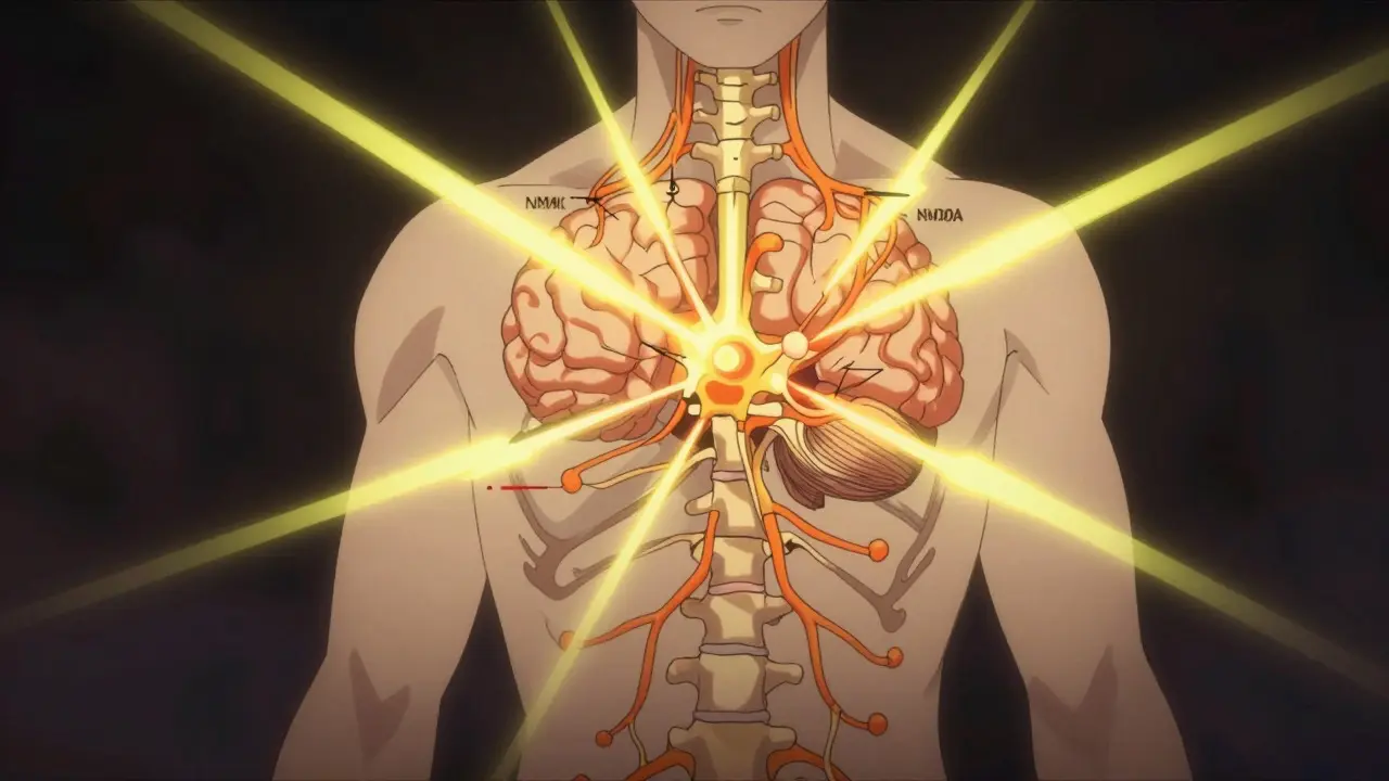 Abstract anime illustration of nervous system with sparks representing amplified pain signals