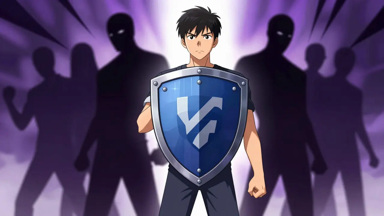 Anime character holding a safety shield against shadowy scams