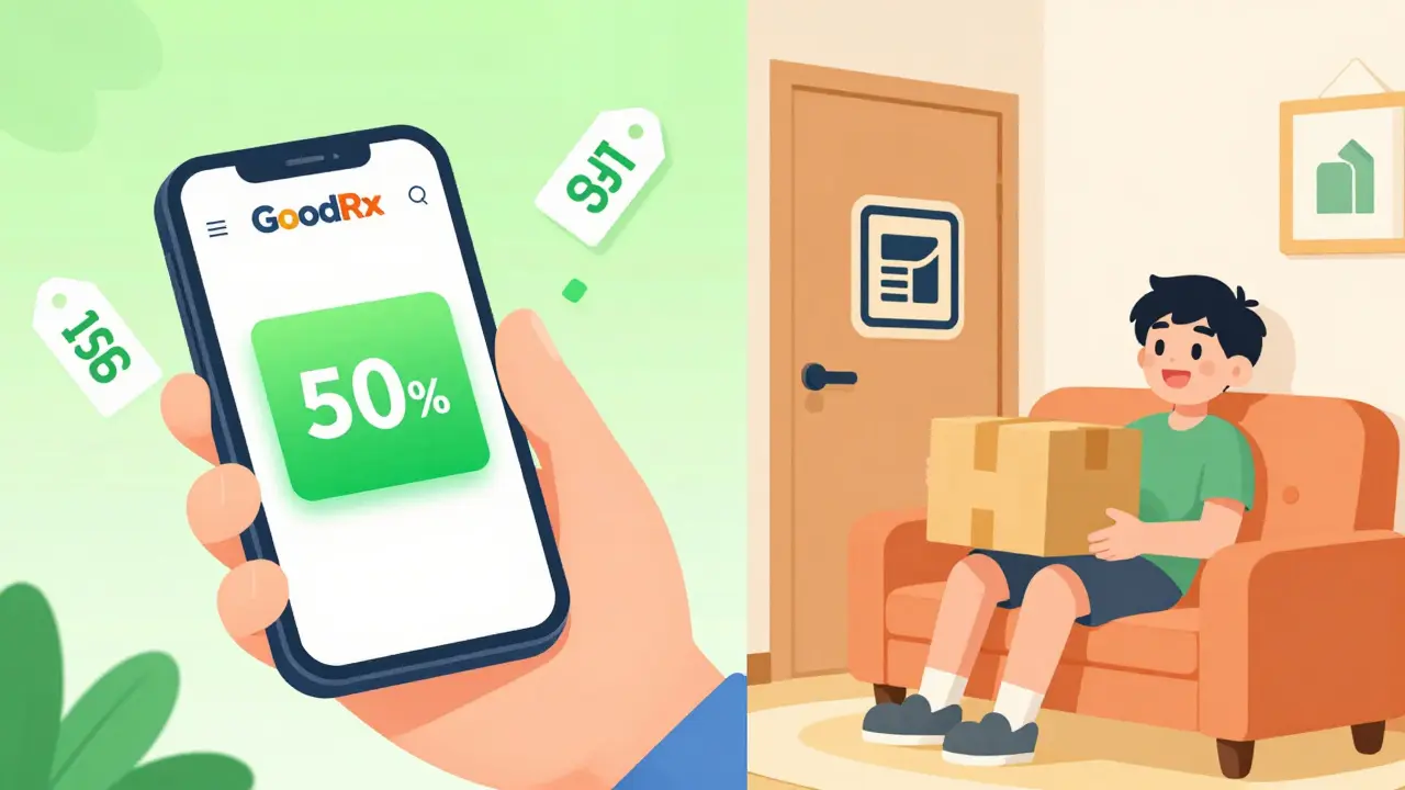Anime characters comparing online pharmacy discounts and delivery