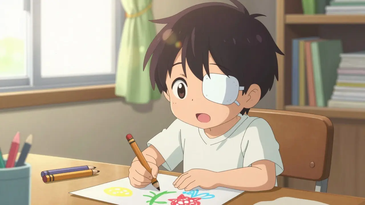 Anime child wearing eye patch while happily drawing at a sunlit desk