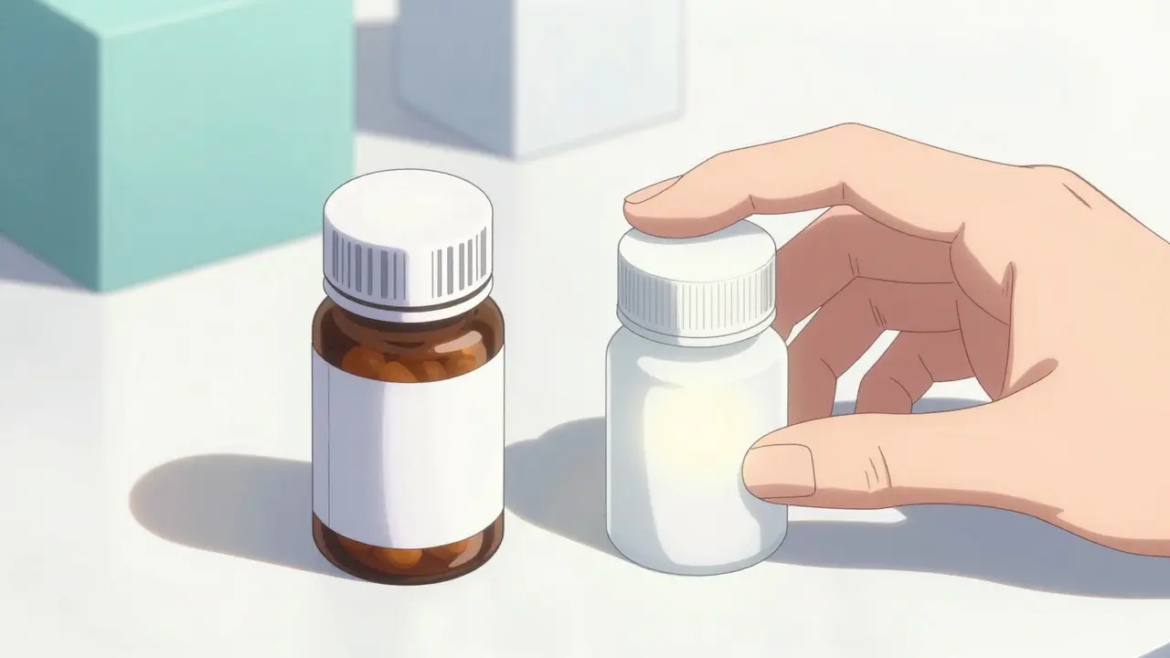 Anime style close up of generic vs brand name medication bottles with symbolic lighting