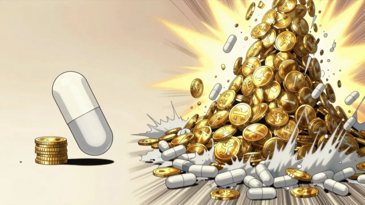 Avalanche of generic pills creating a huge pile of gold coins