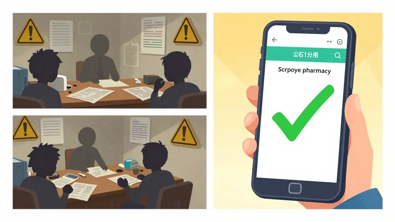 Character choosing safe online pharmacy over scams