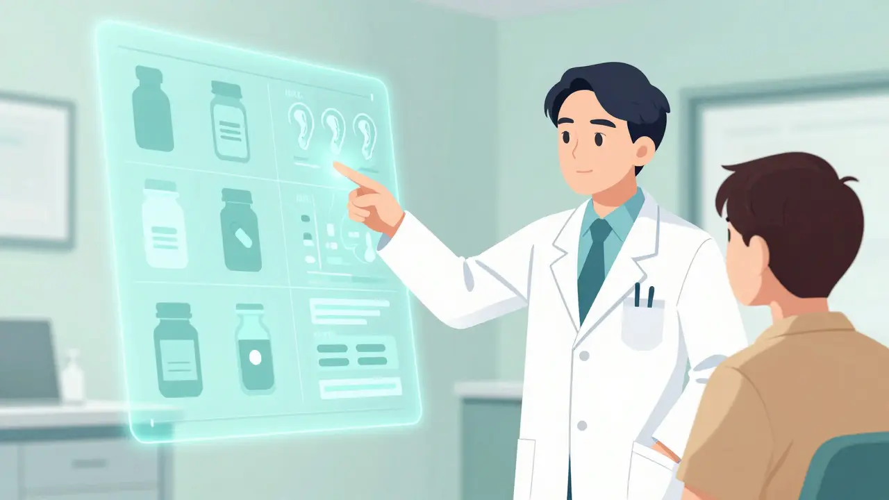 Doctor explaining medication risks to a patient using a holographic chart in anime style