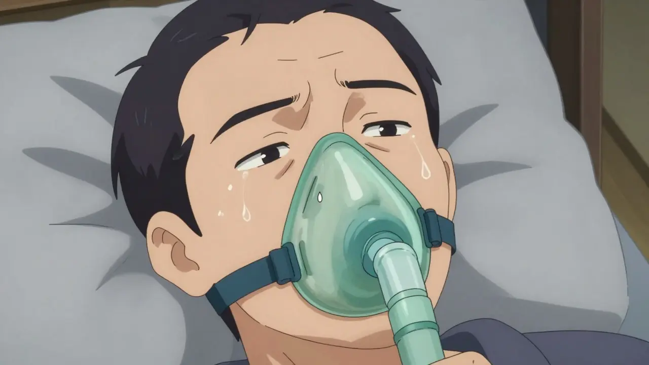 Frustrated patient struggling with CPAP mask