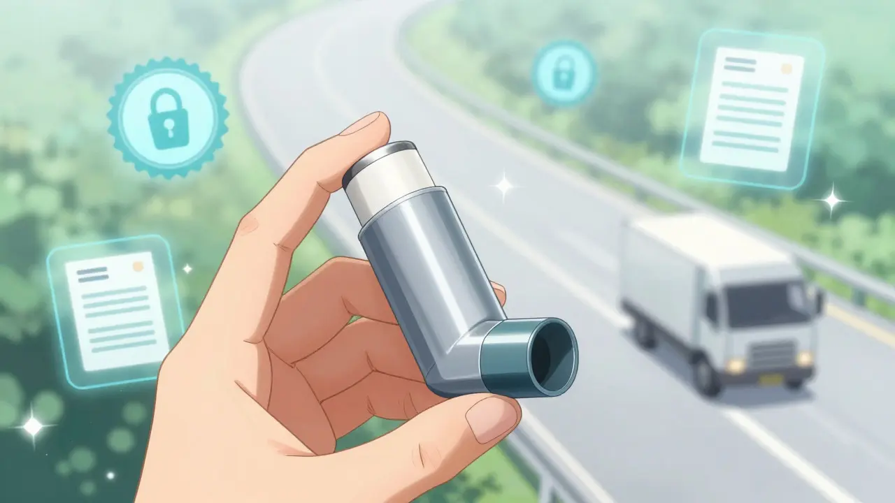 Hand holding inhaler with security and delivery icons