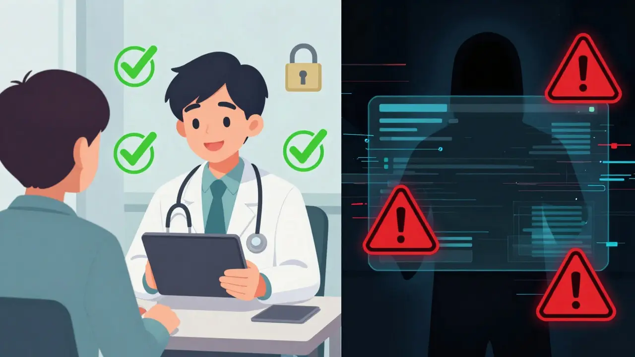 Limited animation style split screen showing safe telehealth vs dangerous scam website