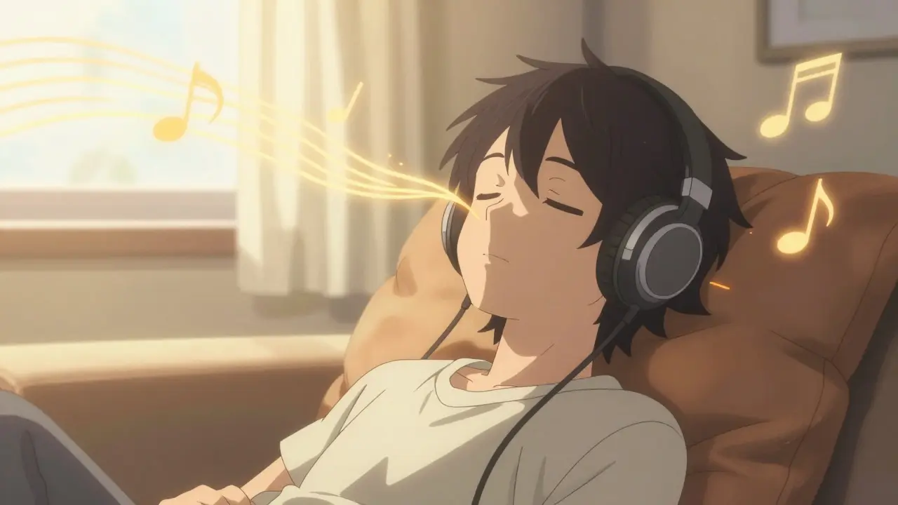 Peaceful anime character wearing headphones for sound therapy in a sunlit room