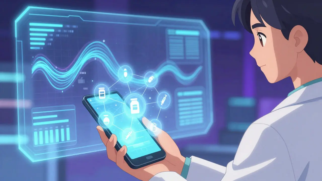 Pharmacist using holographic blockchain tech for drug tracking in anime style