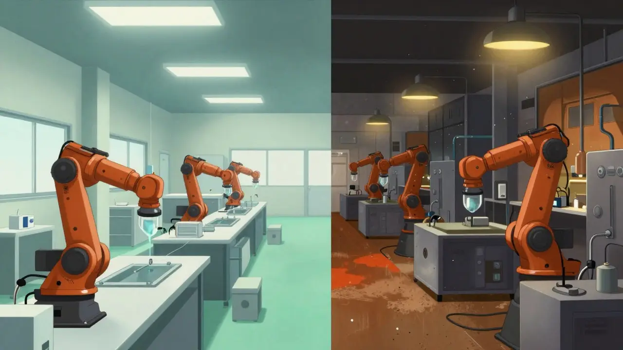 Split view of clean domestic vs gritty foreign drug factories in limited animation style