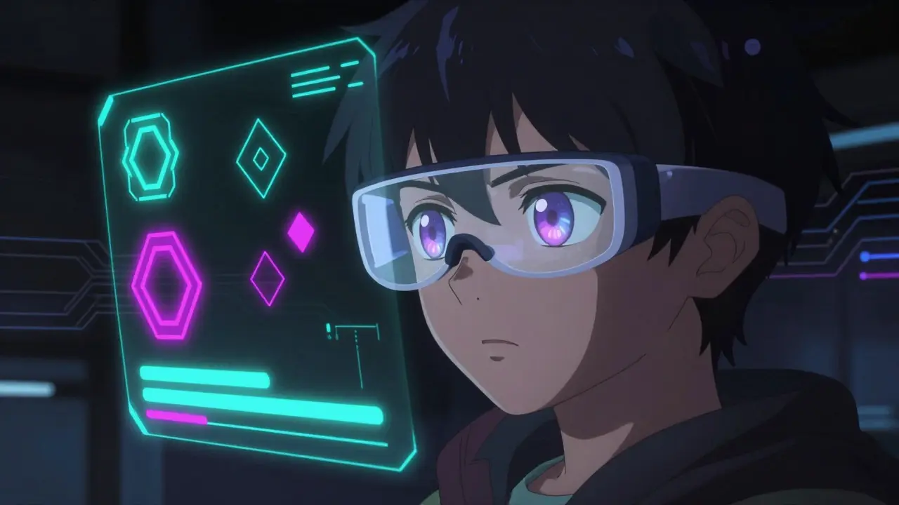 Teenager using AR glasses for gamified vision therapy in sci-fi style