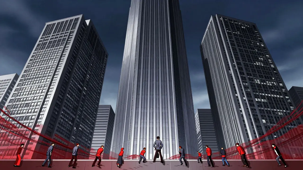 Three giant skyscrapers overshadowing tiny figures in anime style
