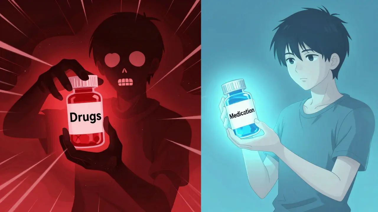 Visual contrast between fear of drugs and acceptance of medication