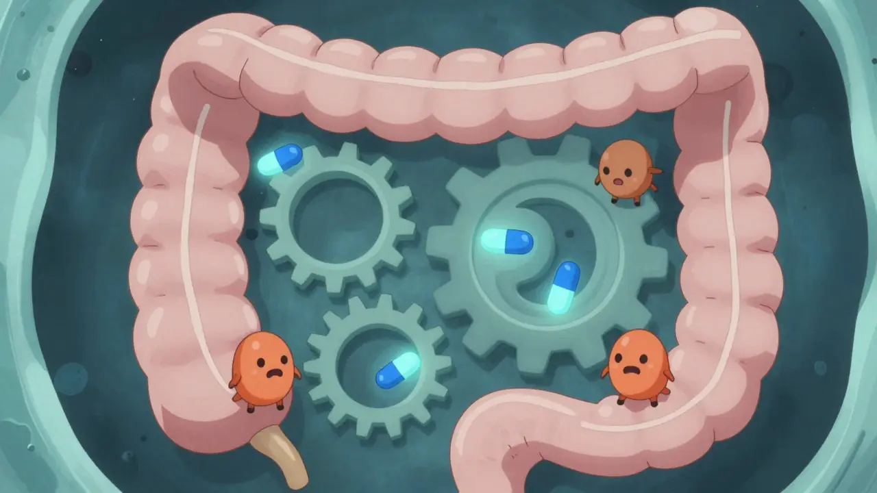 Abstract anime illustration of enzymes blocked by compounds