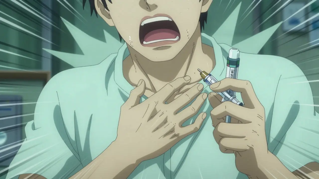 Anime depiction of a person struggling to breathe during an allergic reaction while holding an injector