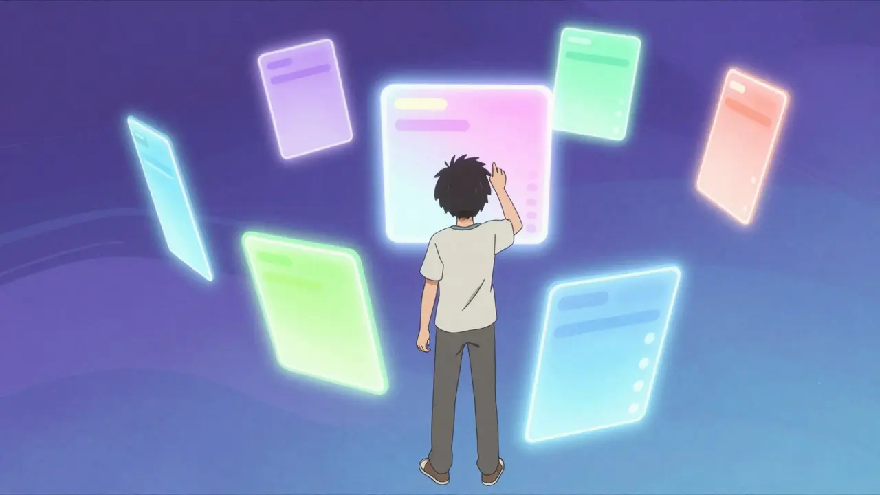 Anime figure comparing glowing holographic cards representing online pharmacy options