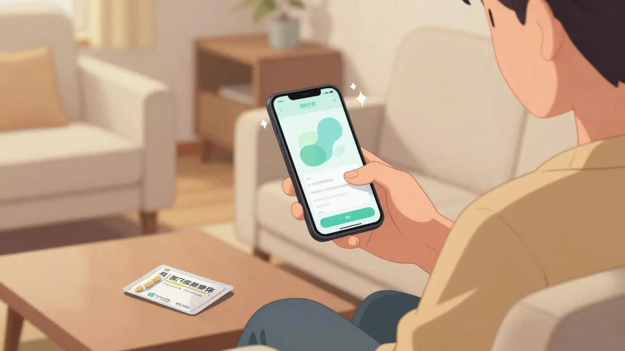 Anime person happily receiving affordable medication via discount app
