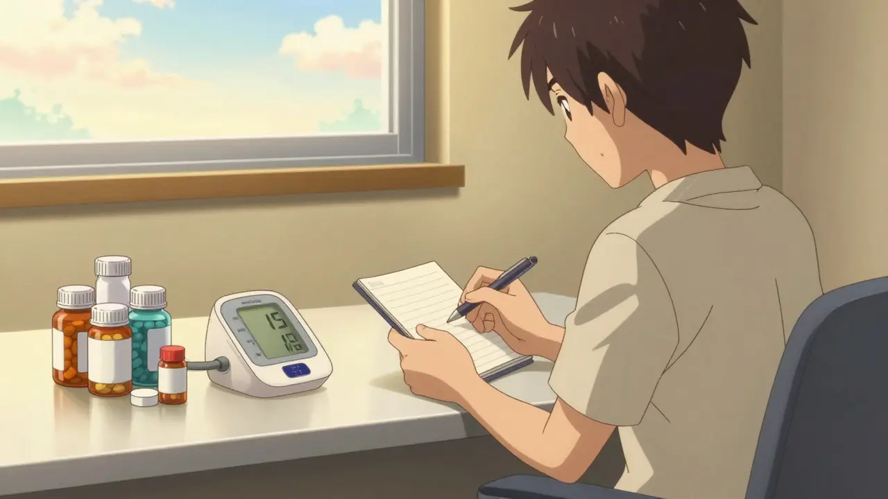 Anime style image of a person organizing their medications and creating a safety plan at a desk