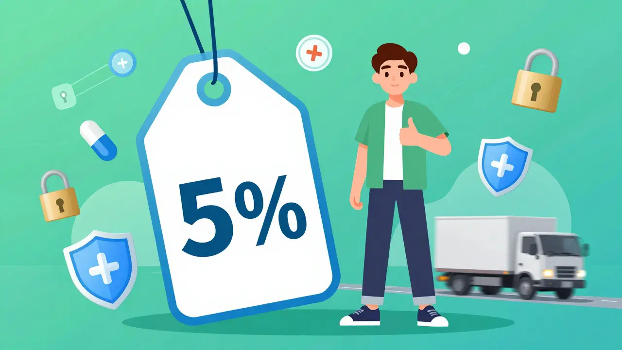 Character celebrating savings with discount tags and safety shields