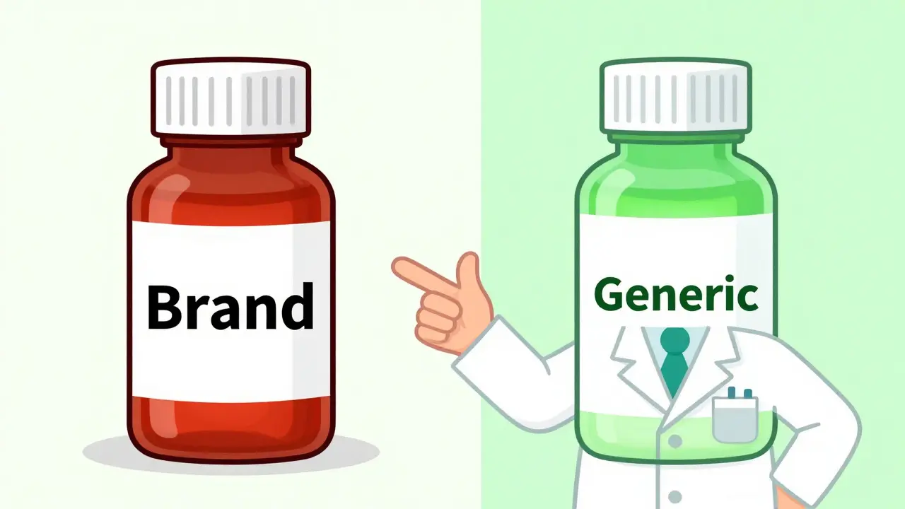 Comparison of brand name vs generic medicine bottles in manga art