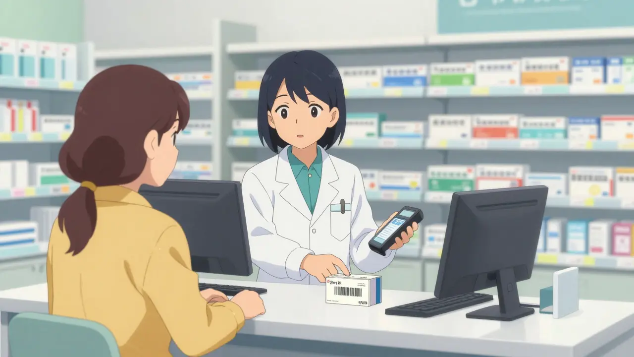 Customer verifying medicine with pharmacist at a pharmacy counter