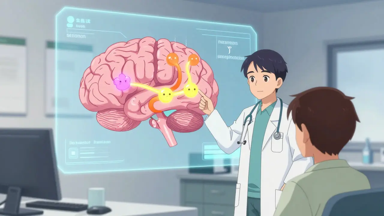 Doctor explains brain chemistry with colorful neurotransmitter graphics
