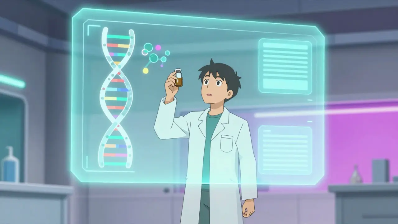 Figure viewing holographic DNA display in futuristic medical setting