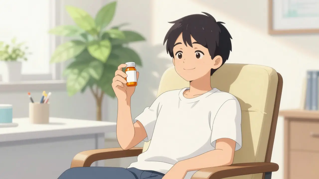 Happy anime person holding a prescription bottle in a sunny, plant-filled room