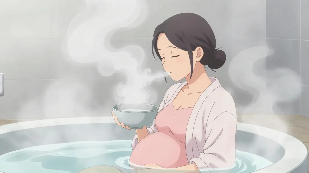 Pregnant woman using steam inhalation in a bathroom
