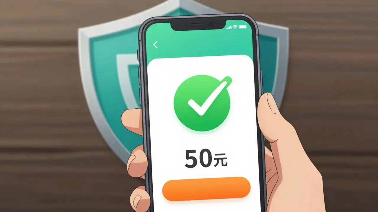 Smartphone showing discount coupon app with safety shield icon