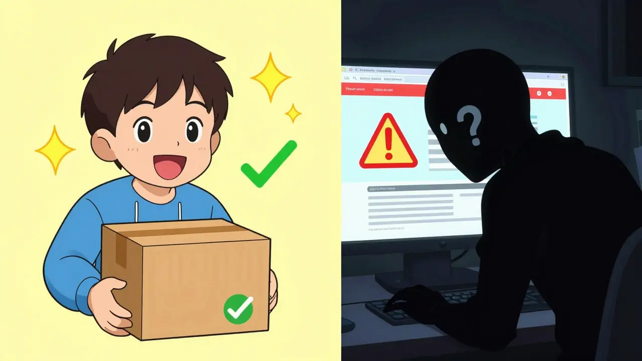 Split screen comparing safe online pharmacy vs suspicious fake site