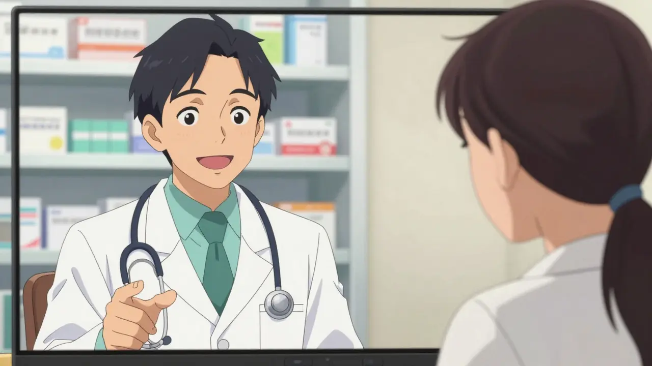 Split screen view of pharmacist and patient during video call