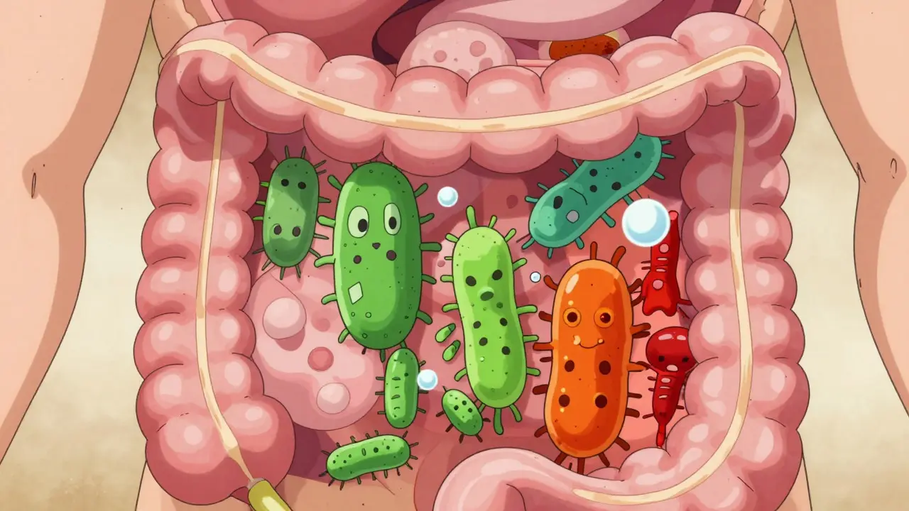 Stylized illustration of bacteria moving up the small intestine causing gas