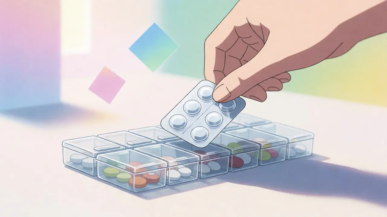Hand placing pills into an organized daily medication tray