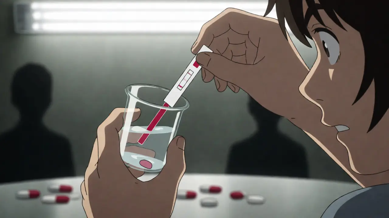 Person anxiously testing a pill sample with a fentanyl strip