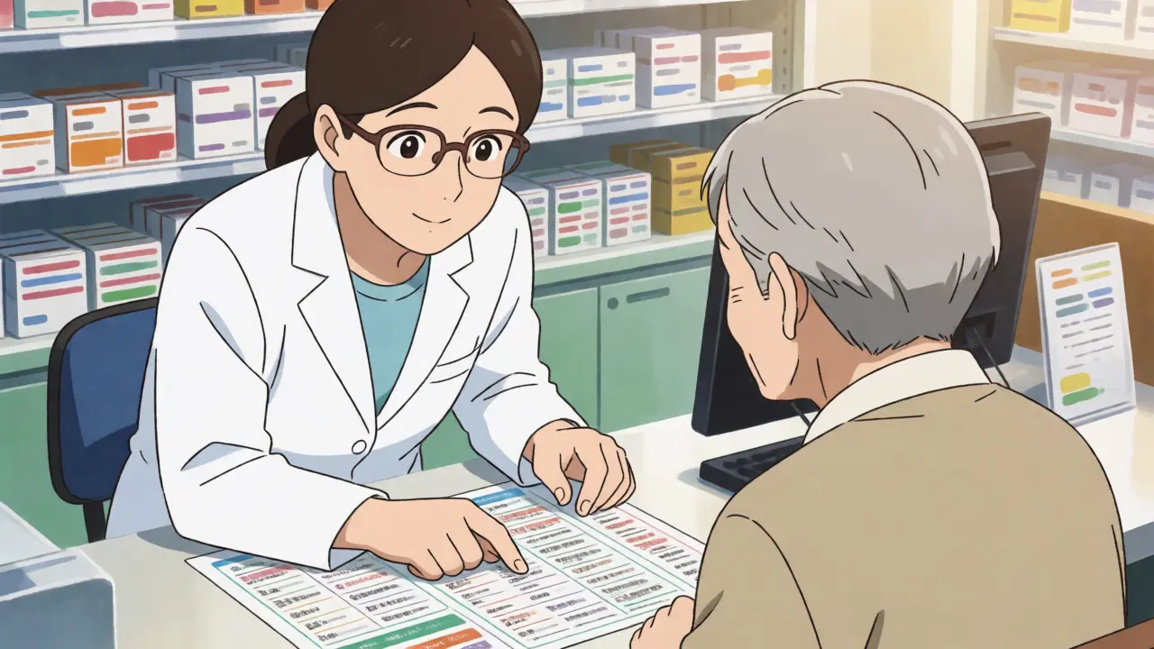 Pharmacist consulting with an elderly patient at a counter